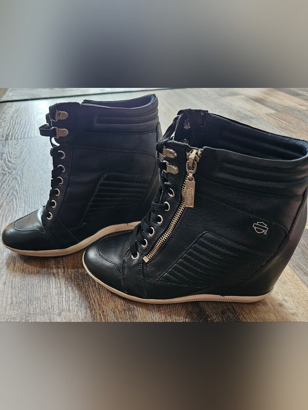 Harley-Davidson Black Wedge Lace-Up Ankle Boots with Side Zip